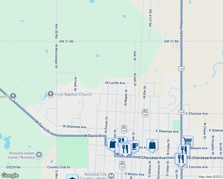 map of restaurants, bars, coffee shops, grocery stores, and more near 516 North Pecan Street in Nowata