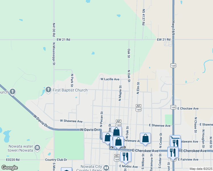 map of restaurants, bars, coffee shops, grocery stores, and more near 516 North Pecan Street in Nowata
