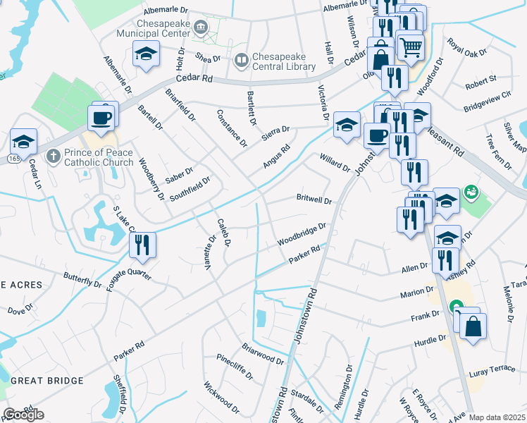 map of restaurants, bars, coffee shops, grocery stores, and more near 504 Briarfield Drive in Chesapeake