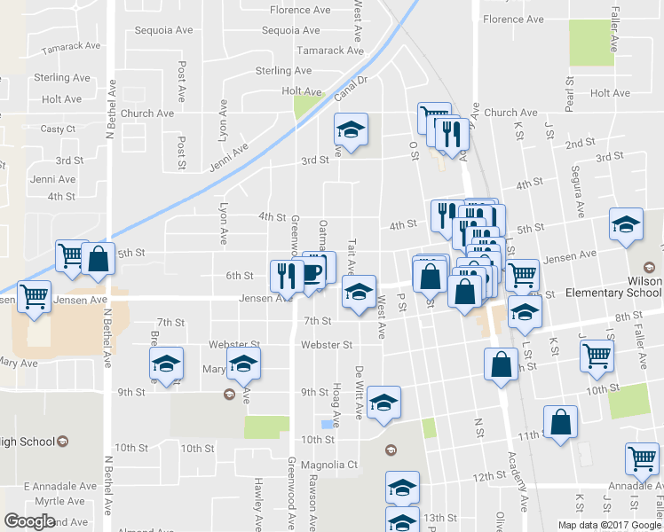 map of restaurants, bars, coffee shops, grocery stores, and more near 512 Oatman Avenue in Sanger