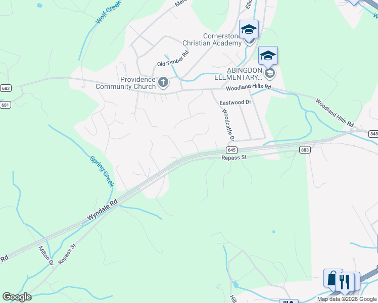 map of restaurants, bars, coffee shops, grocery stores, and more near 19275 Wyndale Road in Abingdon