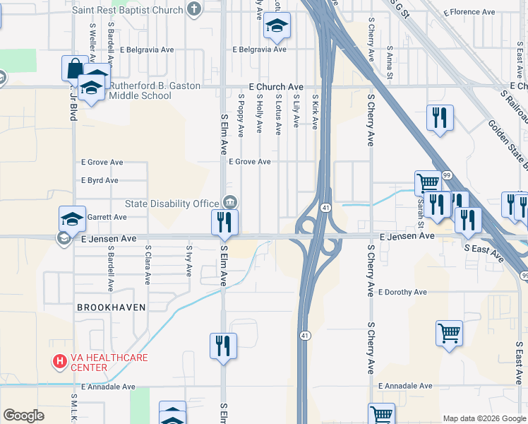 map of restaurants, bars, coffee shops, grocery stores, and more near 2567 South Holly Avenue in Fresno
