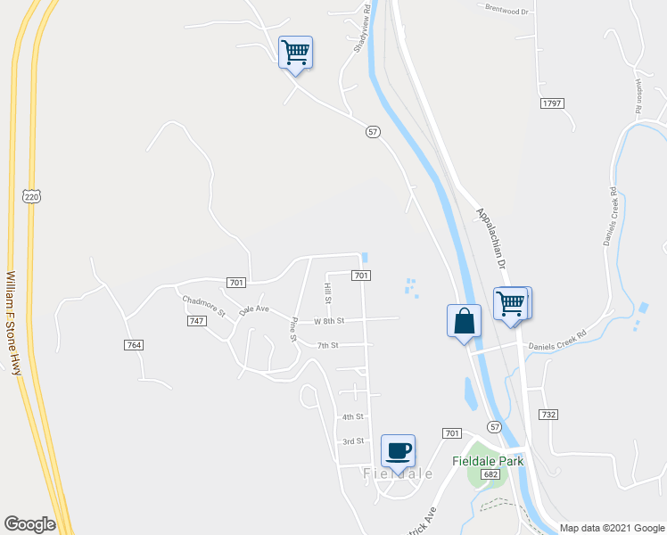 map of restaurants, bars, coffee shops, grocery stores, and more near 294-398 Pine Street in Fieldale