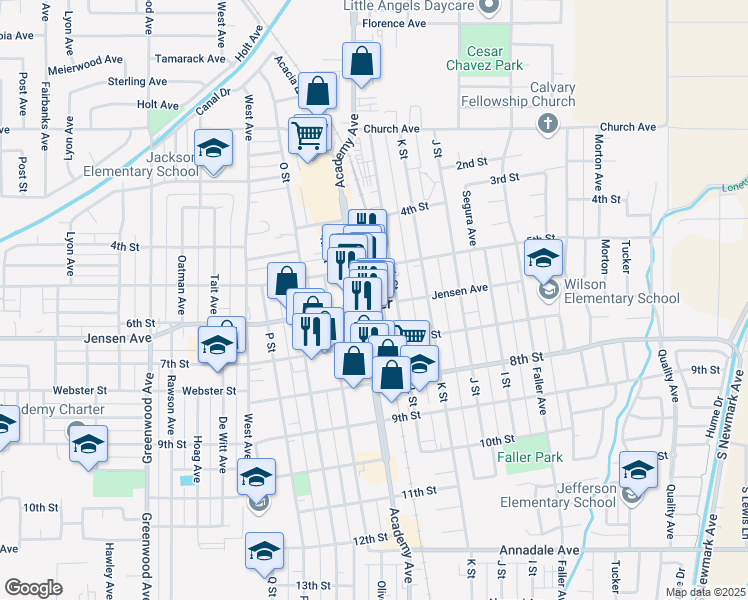 map of restaurants, bars, coffee shops, grocery stores, and more near 540 Academy Avenue in Sanger