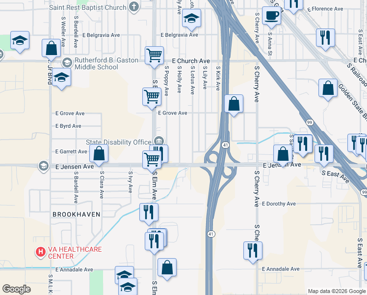 map of restaurants, bars, coffee shops, grocery stores, and more near 2567 South Holly Avenue in Fresno