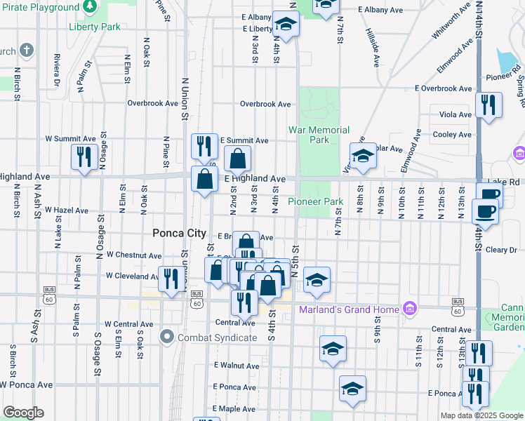 map of restaurants, bars, coffee shops, grocery stores, and more near 500 North 4th Street in Ponca City