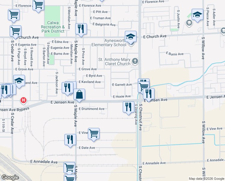 map of restaurants, bars, coffee shops, grocery stores, and more near 2567 South Whitney Avenue in Fresno