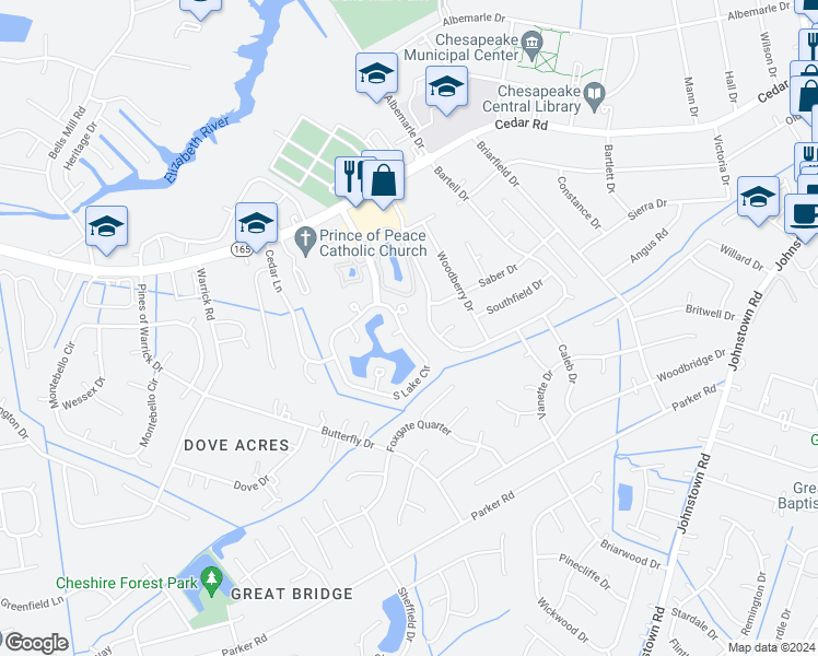 map of restaurants, bars, coffee shops, grocery stores, and more near 434 South Lake Circle in Chesapeake