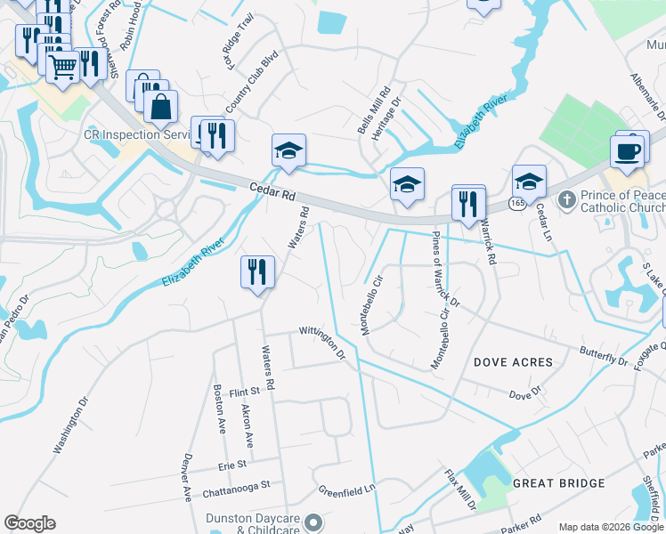 map of restaurants, bars, coffee shops, grocery stores, and more near 342 Middle Oaks Drive in Chesapeake