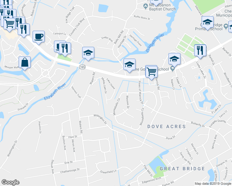 map of restaurants, bars, coffee shops, grocery stores, and more near 402 Faire Chase in Chesapeake