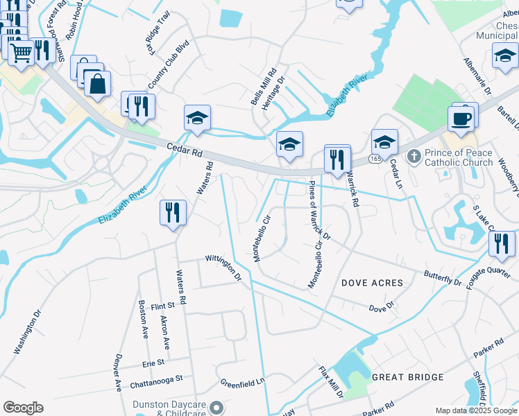 map of restaurants, bars, coffee shops, grocery stores, and more near 402 Faire Chase in Chesapeake