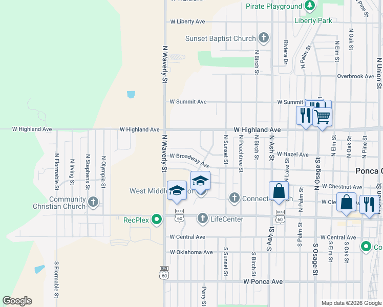 map of restaurants, bars, coffee shops, grocery stores, and more near 1417 West Broadway Avenue in Ponca City