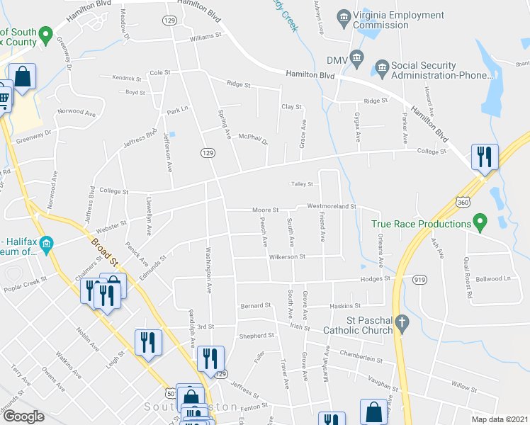 map of restaurants, bars, coffee shops, grocery stores, and more near 1423 Peach Avenue in South Boston