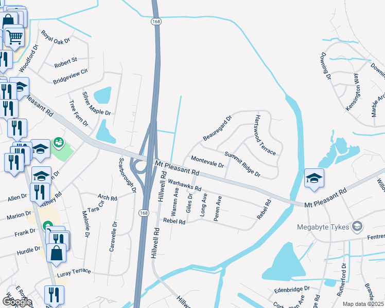 map of restaurants, bars, coffee shops, grocery stores, and more near 501 Montevale Drive in Chesapeake