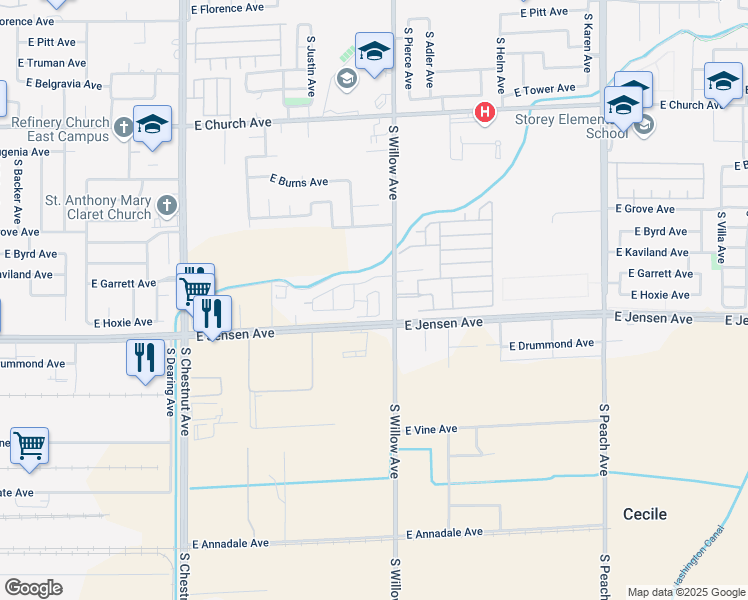 map of restaurants, bars, coffee shops, grocery stores, and more near 2591 South Richelle Avenue in Fresno
