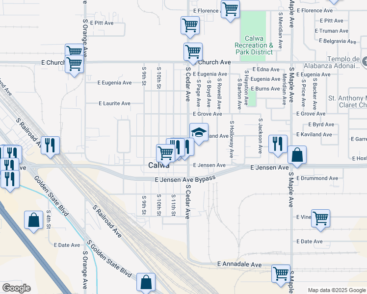 map of restaurants, bars, coffee shops, grocery stores, and more near 2571 South 11th Street in Fresno