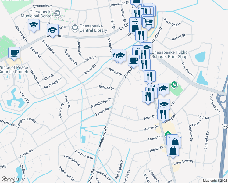 map of restaurants, bars, coffee shops, grocery stores, and more near 432 Johnstown Road in Chesapeake
