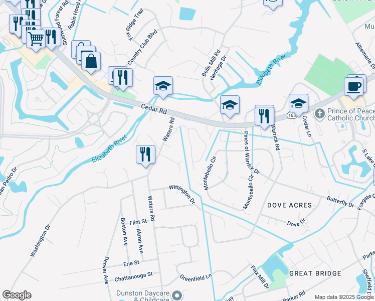 map of restaurants, bars, coffee shops, grocery stores, and more near 338 Middle Oaks Drive in Chesapeake