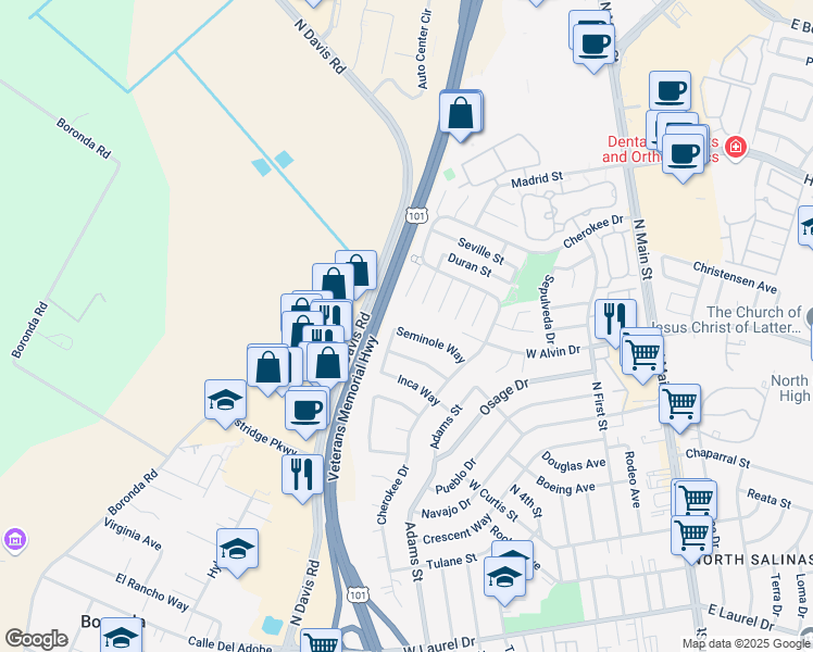 map of restaurants, bars, coffee shops, grocery stores, and more near 480 Seminole Way in Salinas