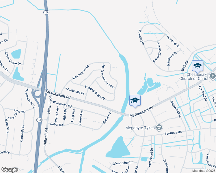 map of restaurants, bars, coffee shops, grocery stores, and more near 532 Hartswood Terrace in Chesapeake