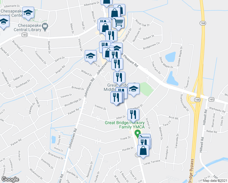 map of restaurants, bars, coffee shops, grocery stores, and more near 12 Williamsburg Square in Chesapeake