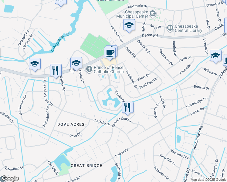 map of restaurants, bars, coffee shops, grocery stores, and more near 602 Windmill Point in Chesapeake