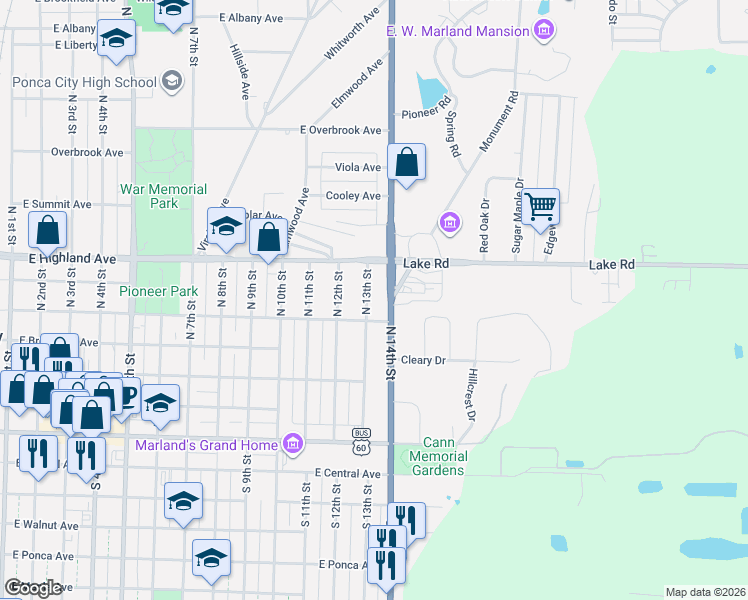 map of restaurants, bars, coffee shops, grocery stores, and more near 509 North 13th Street in Ponca City