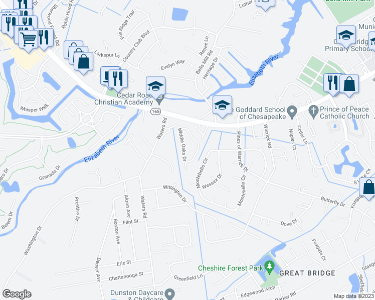 map of restaurants, bars, coffee shops, grocery stores, and more near 337 Middle Oaks Drive in Chesapeake