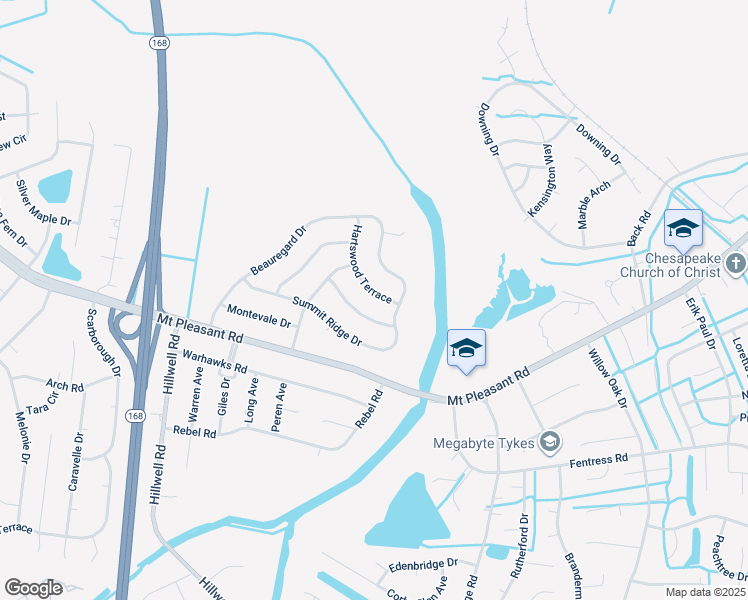 map of restaurants, bars, coffee shops, grocery stores, and more near 532 Hartswood Terrace in Chesapeake