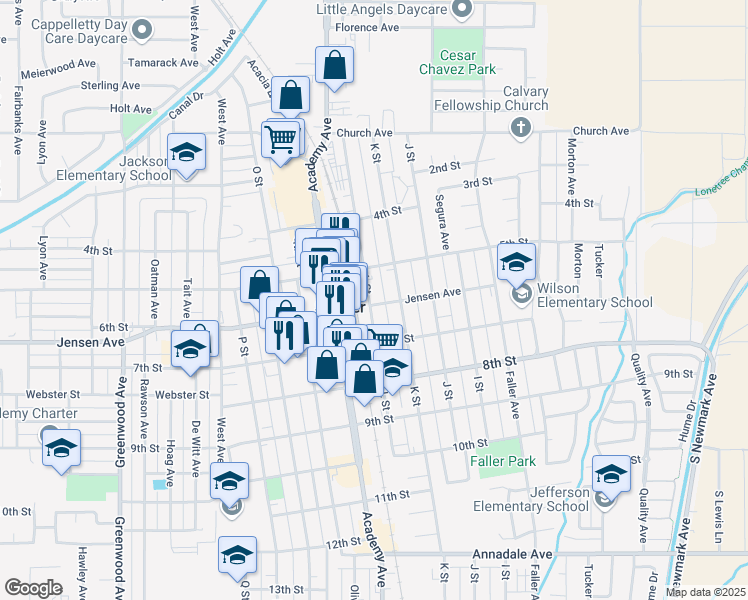 map of restaurants, bars, coffee shops, grocery stores, and more near 1130 Jensen Avenue in Sanger