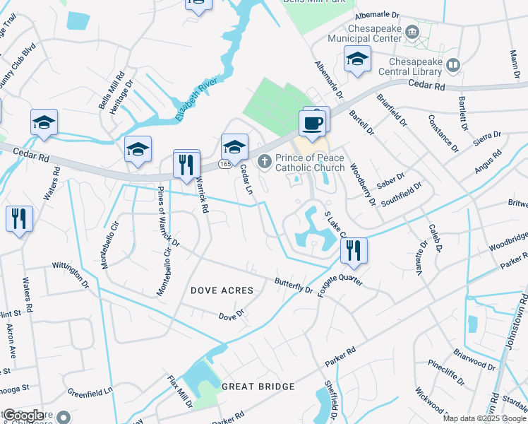 map of restaurants, bars, coffee shops, grocery stores, and more near 341 Cedar Lane in Chesapeake