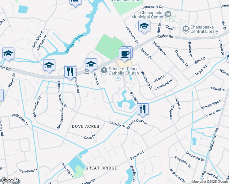 map of restaurants, bars, coffee shops, grocery stores, and more near 920 South Lake Circle in Chesapeake