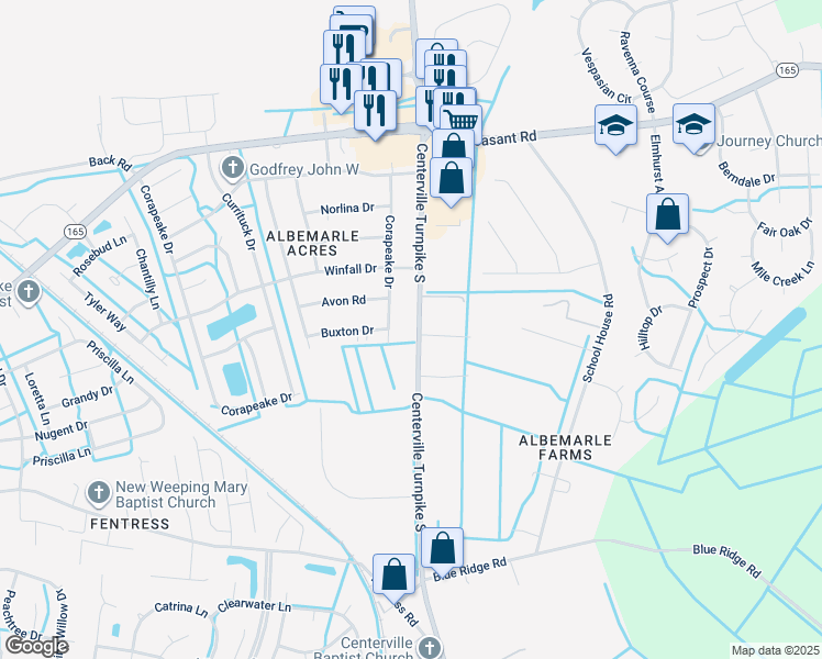 map of restaurants, bars, coffee shops, grocery stores, and more near 529 Corapeake Drive in Chesapeake