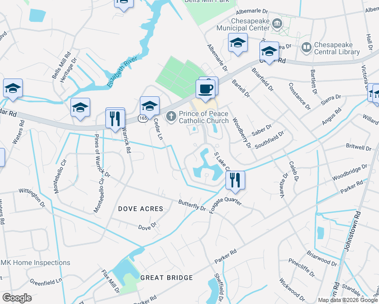 map of restaurants, bars, coffee shops, grocery stores, and more near 407 Breezy Point in Chesapeake