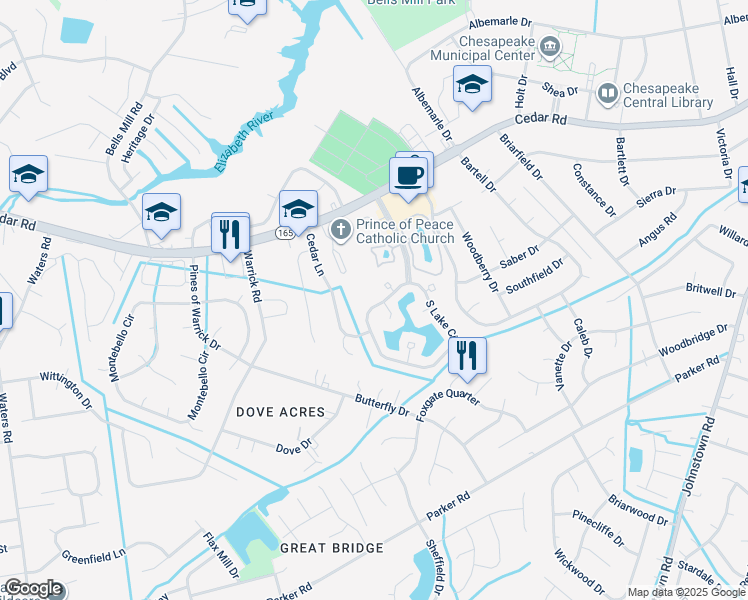 map of restaurants, bars, coffee shops, grocery stores, and more near 920 South Lake Circle in Chesapeake