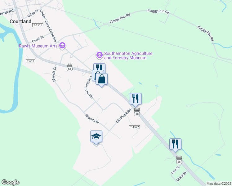 map of restaurants, bars, coffee shops, grocery stores, and more near 23040 Main Street in Courtland