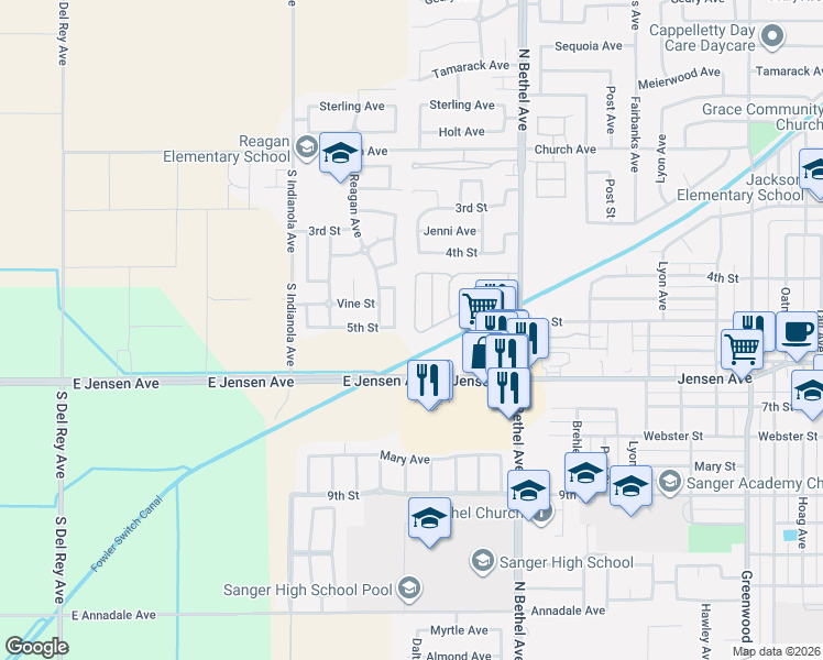 map of restaurants, bars, coffee shops, grocery stores, and more near 500 Camelia Avenue in Sanger