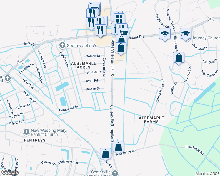 map of restaurants, bars, coffee shops, grocery stores, and more near 529 Corapeake Drive in Chesapeake