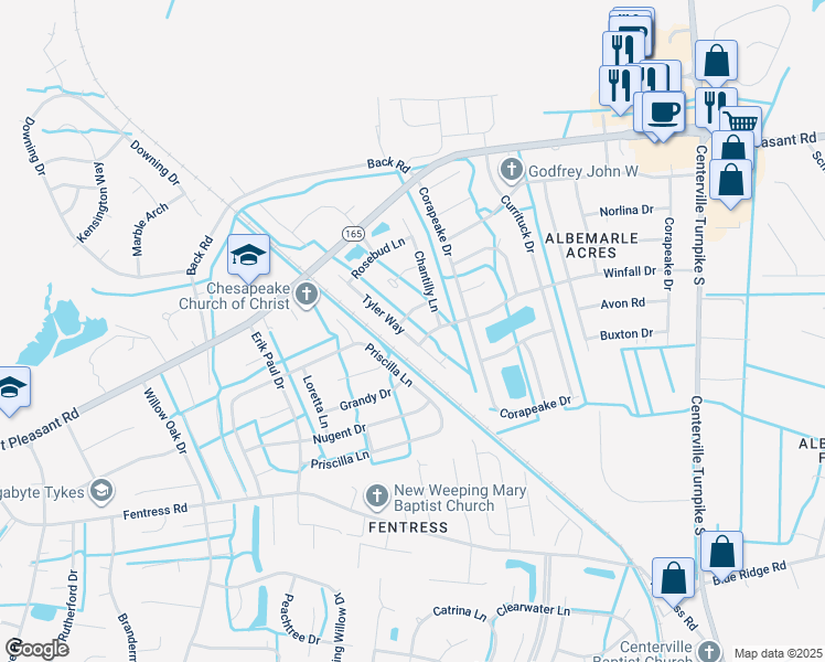 map of restaurants, bars, coffee shops, grocery stores, and more near 712 Tyler Way in Chesapeake