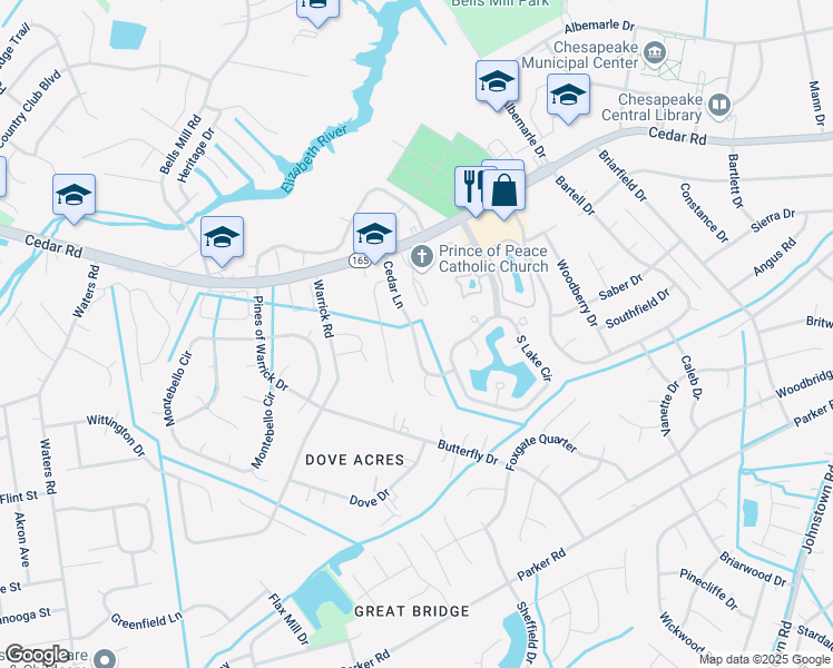 map of restaurants, bars, coffee shops, grocery stores, and more near 341 Cedar Lane in Chesapeake