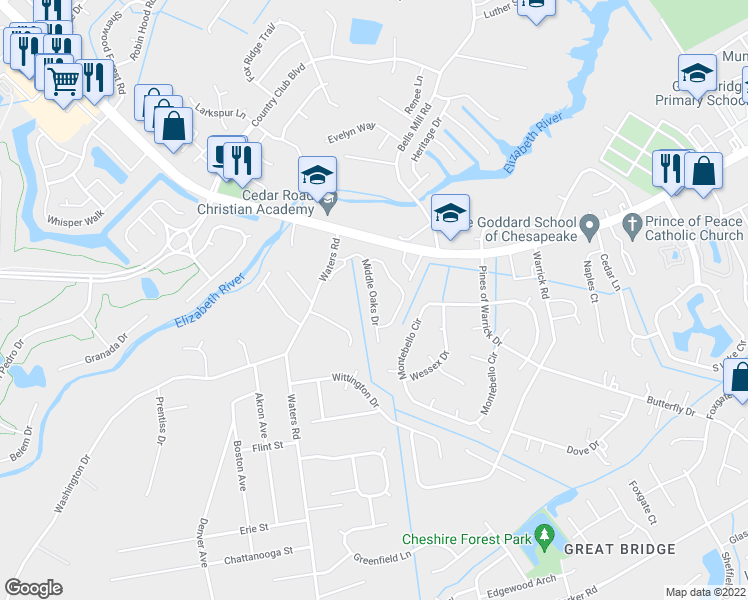 map of restaurants, bars, coffee shops, grocery stores, and more near 336 Middle Oaks Drive in Chesapeake
