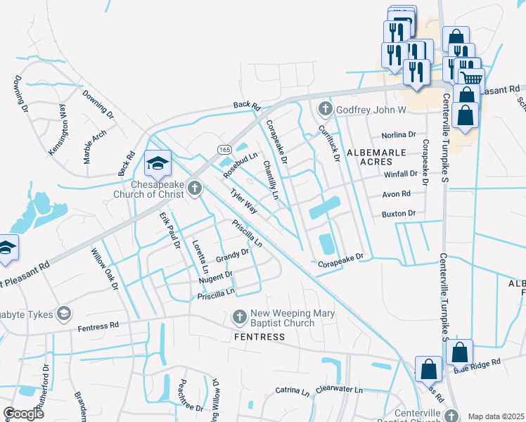 map of restaurants, bars, coffee shops, grocery stores, and more near 712 Tyler Way in Chesapeake