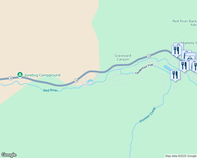 map of restaurants, bars, coffee shops, grocery stores, and more near 1312 Powder Puff Trail in Red River