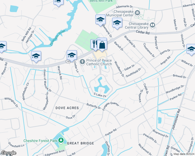 map of restaurants, bars, coffee shops, grocery stores, and more near 945 South Lake Circle in Chesapeake