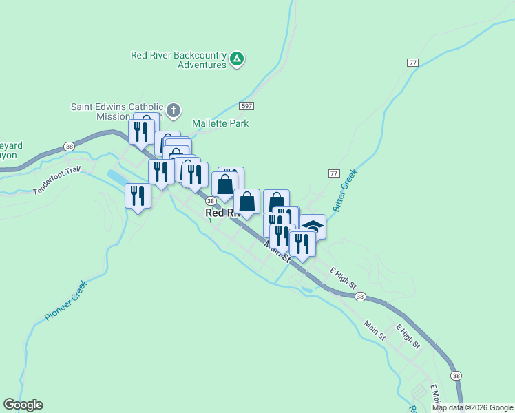 map of restaurants, bars, coffee shops, grocery stores, and more near 121 East Main Street in Red River