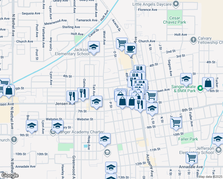 map of restaurants, bars, coffee shops, grocery stores, and more near 511 P Street in Sanger