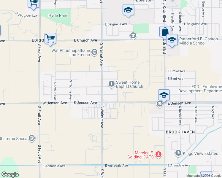 map of restaurants, bars, coffee shops, grocery stores, and more near 347 East Garrett Avenue in Fresno