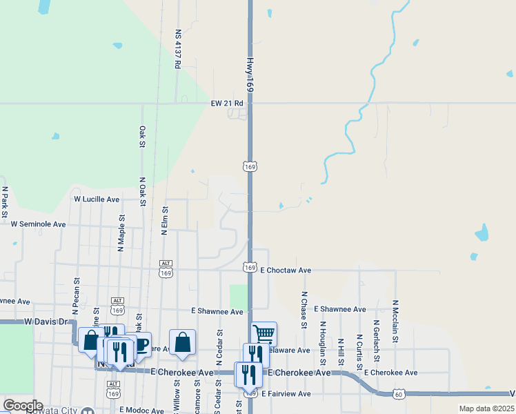 map of restaurants, bars, coffee shops, grocery stores, and more near 536 North Ash Street in Nowata