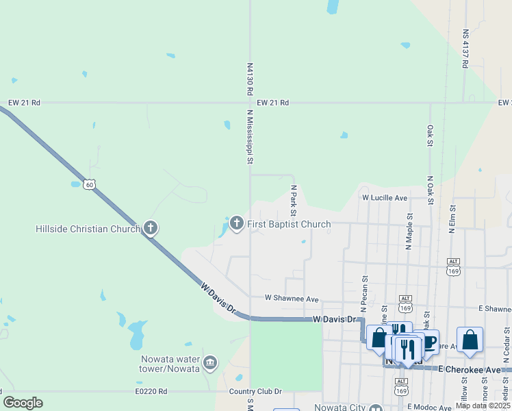 map of restaurants, bars, coffee shops, grocery stores, and more near 519 Edgewood Court in Nowata