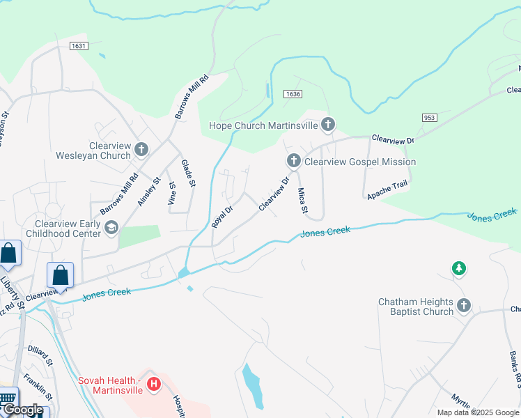 map of restaurants, bars, coffee shops, grocery stores, and more near 411 Clearview Dr in Martinsville